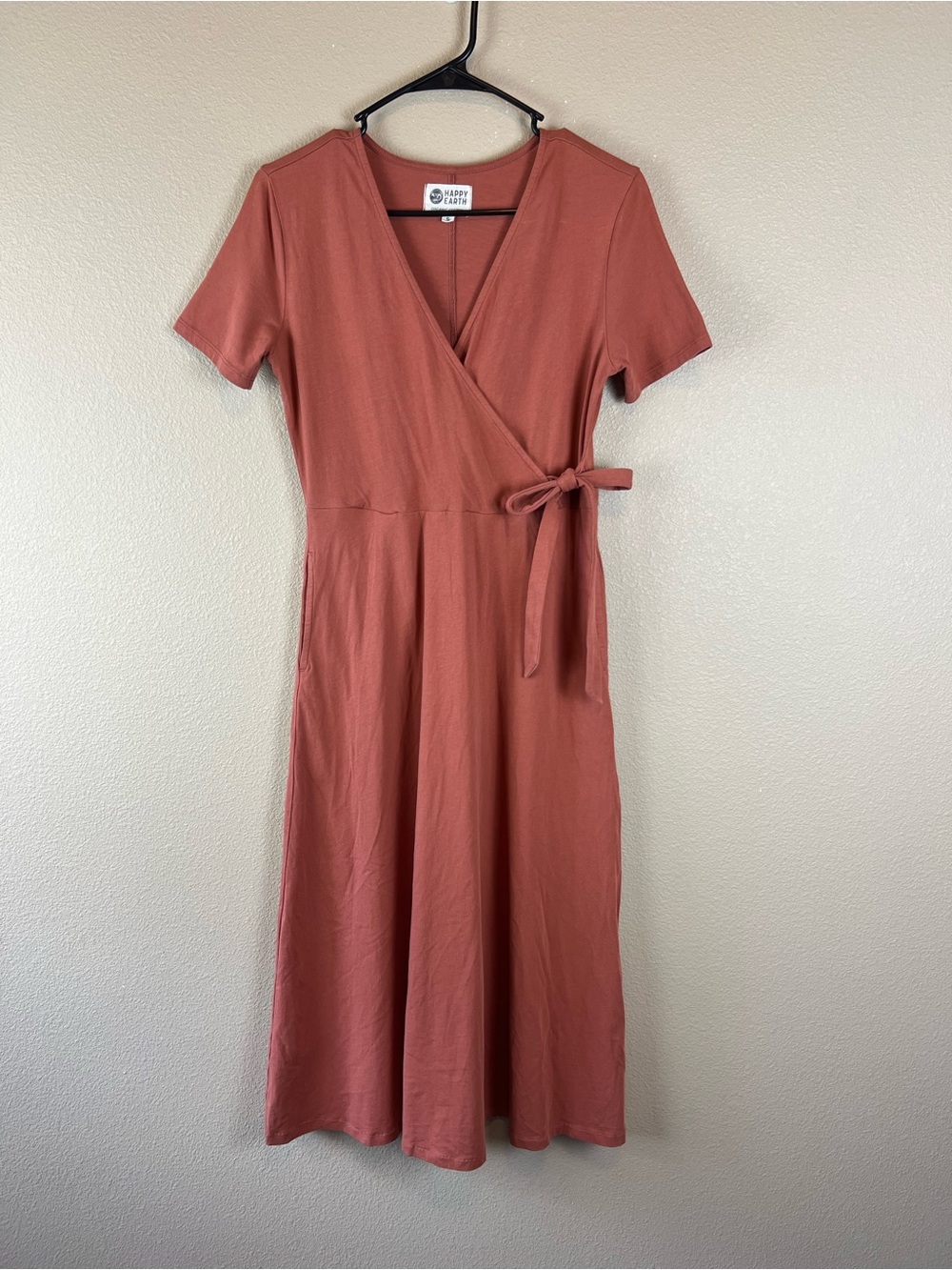 happy earth faux wrap organic cotton midi dress burnt orange